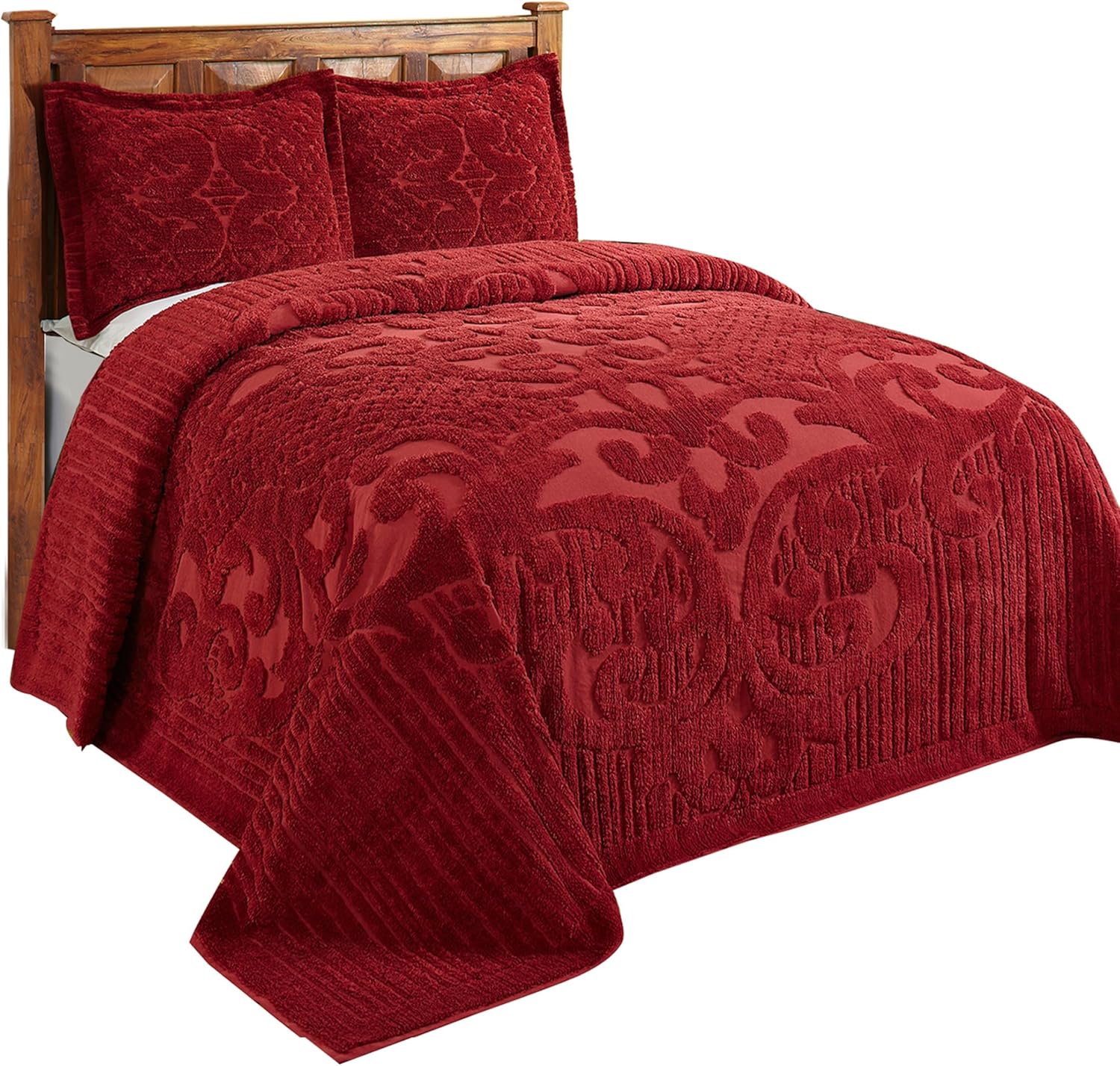 Better Trends Chenille Bedspreads Twin Size, Burgundy 100% Cotton Chenille Medallion Design Tufted Bedding Coverlet Soft Lightweight, 96'x110' with 1 PC Sham 2 Pieces Set Ashton Collection