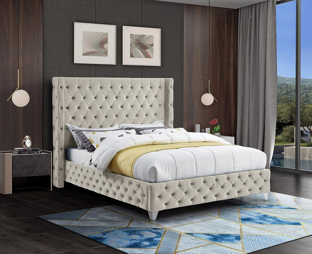 Meridian Furniture SavanCream-Q Savan Collection Modern | Contemporary Velvet Upholstered Bed with Deep Button Tufting in Gold or Chrome Finish, 72' W x 86' D x 56' H, Cream, Queen