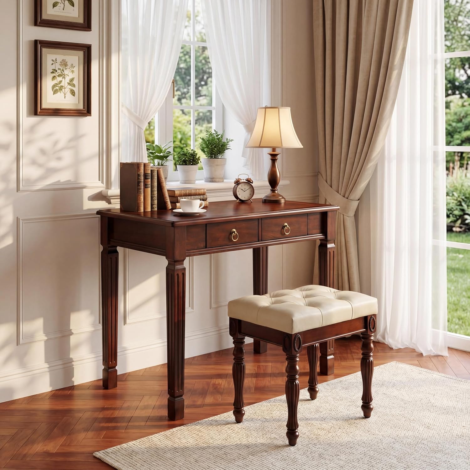 Solid Wood Makeup Vanity Table Set, 31.5' Wide Dressing Vanity Table with 2 Drawers and Vanity Bench Stool Writing Desk with Solid Wood Legs & Button Tufted Cushioned Stool, Cherry&Beige