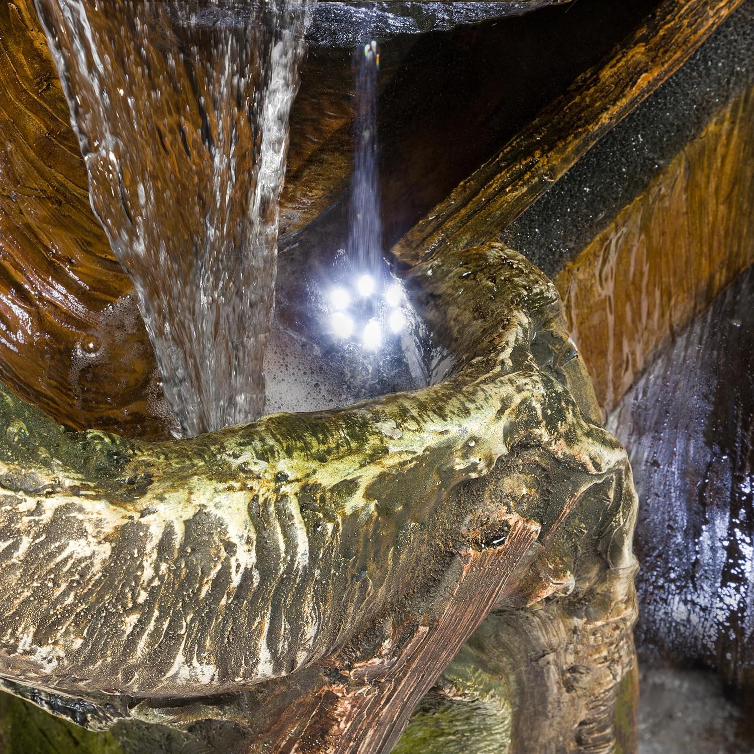 Alpine Corporation TVH156 79' Outdoor Floor Cascading Tree Trunk Water Fountain with LED Lights, Waterfall with Lights, Brown