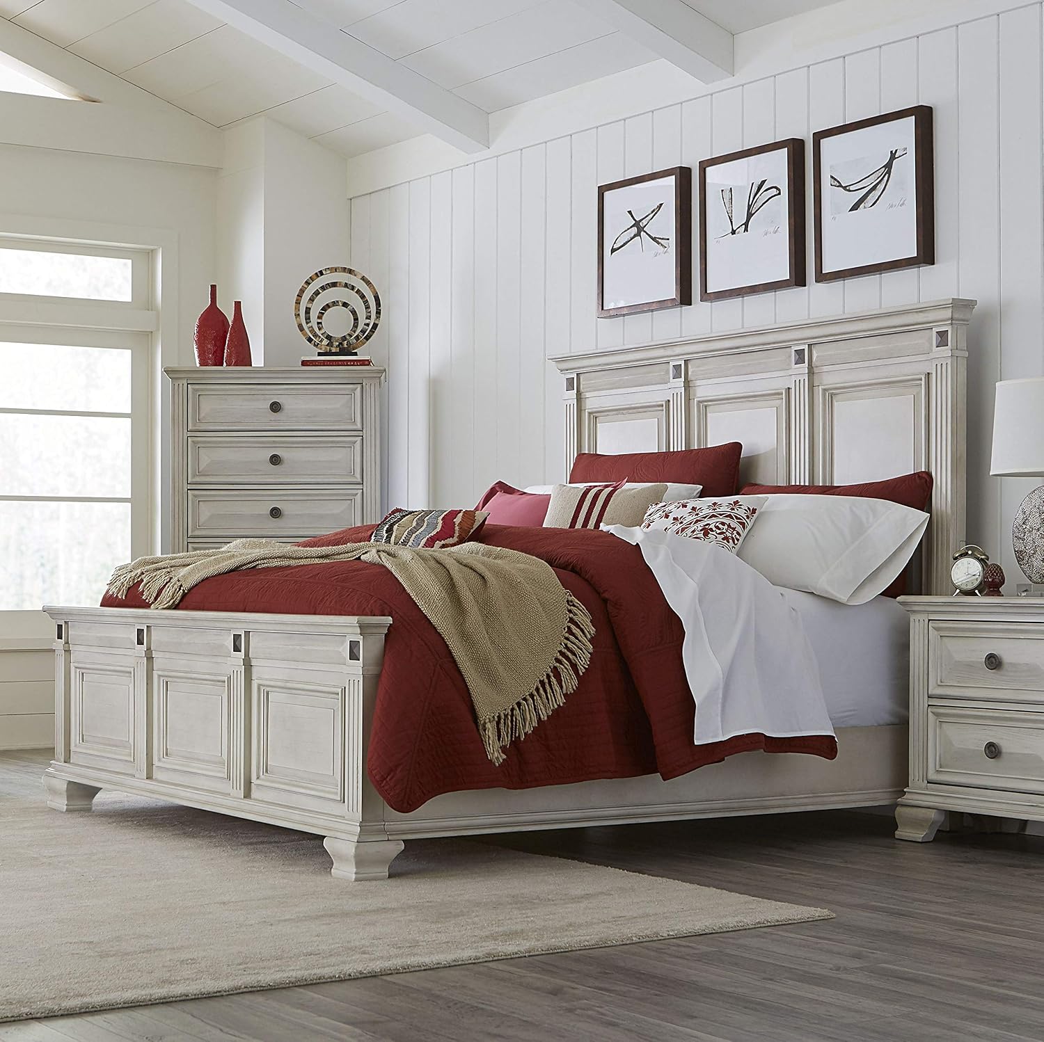 Roundhill Furniture Renova Distressed Parchment Wood Panel Bed, King