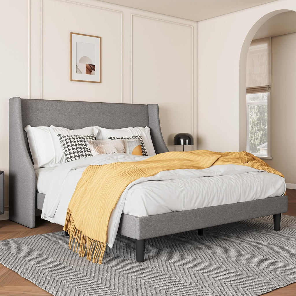 SHA CERLIN Upholstered Bed Frame Full Size with Streamlined Wingback Headboard, Breathable Linen Fabric, Solid Wooden Slats, Easy Assembly, Light Grey
