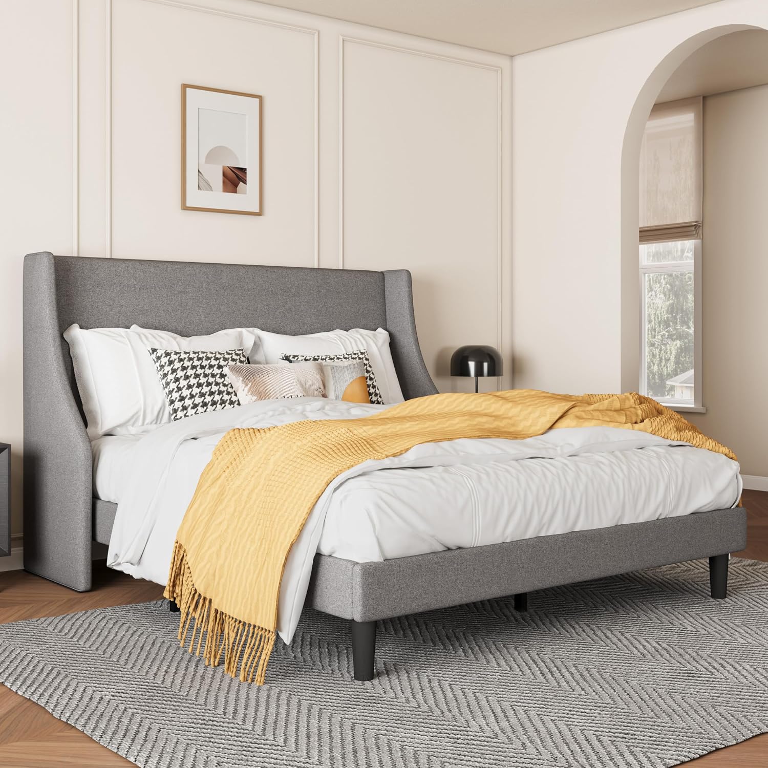 SHA CERLIN Upholstered Bed Frame Full Size with Streamlined Wingback Headboard, Breathable Linen Fabric, Solid Wooden Slats, Easy Assembly, Light Grey