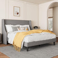 SHA CERLIN Platform Bed Frame Queen Size with Upholstered Headboard – Sleek Wingback Design, Reinforced Wood Slat Support, Light Grey