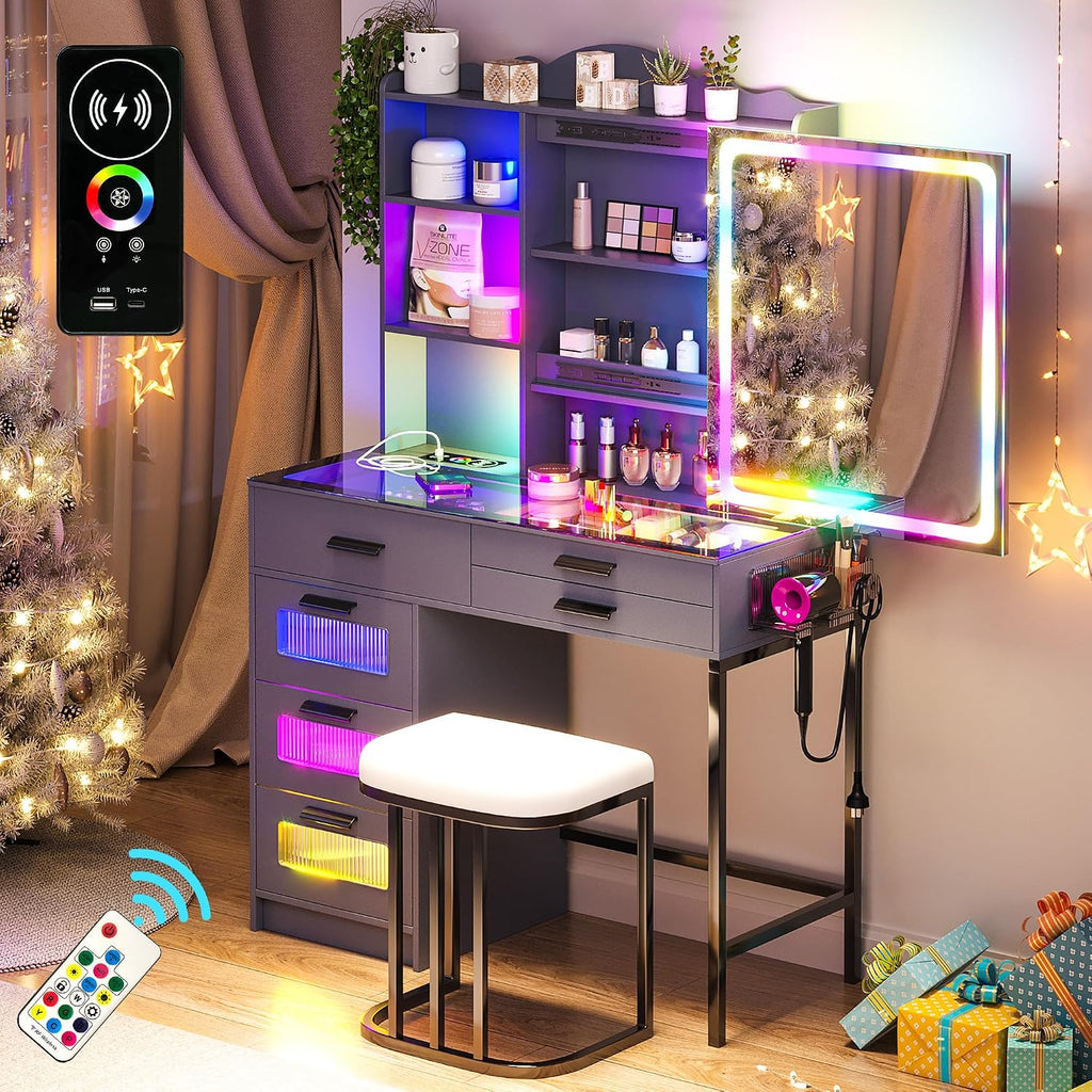 WOOVIVS Glass Top Vanity with LED Mirror, 6 Drawer Dresser with Charging Station for Bedroom, Small Makeup Vanitys Table with RGB Light, Vanity Set with Chair,Jewelry Organizer for Girls-Grey