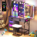 WOOVIVS Glass Top Vanity with LED Mirror, 6 Drawer Dresser with Charging Station for Bedroom, Small Makeup Vanitys Table with RGB Light, Vanity Set with Chair,Jewelry Organizer for Girls-Grey
