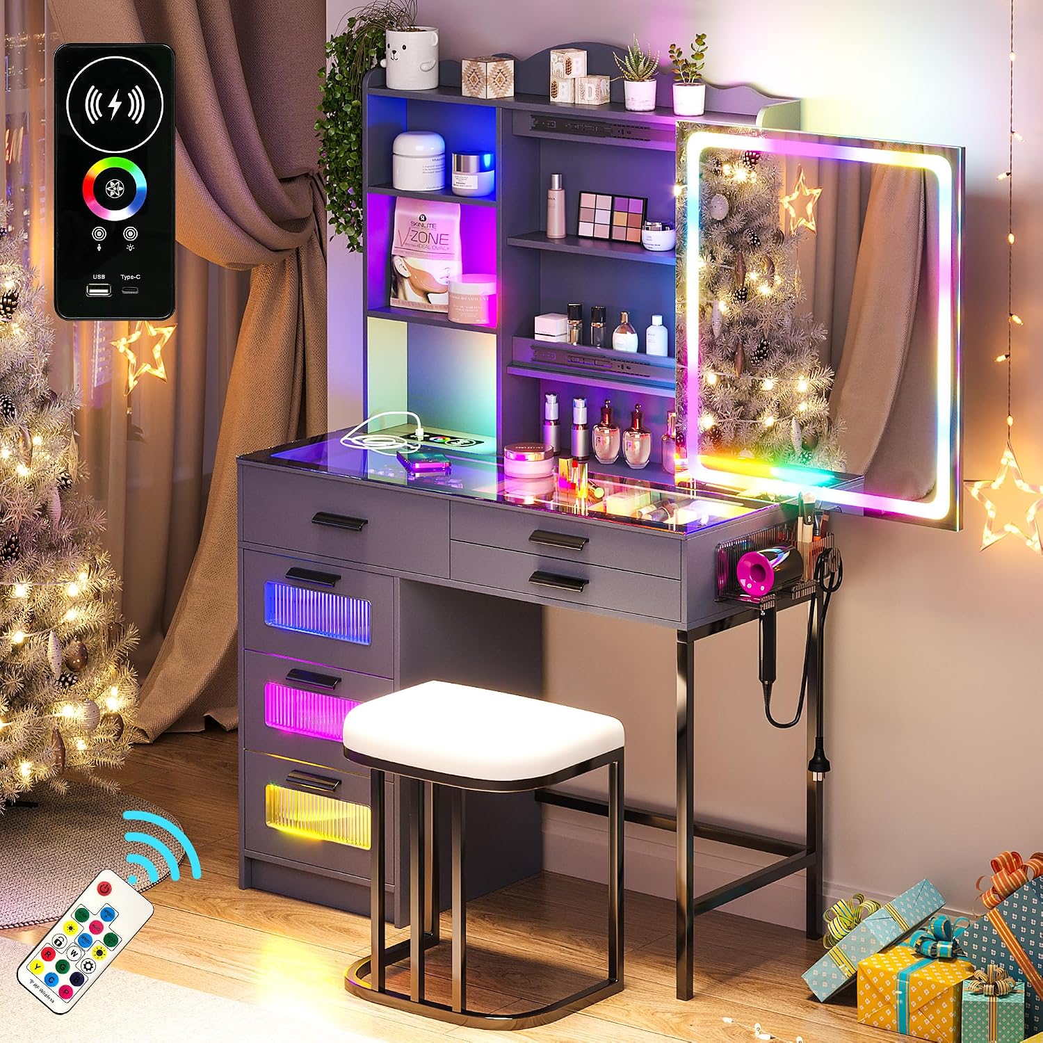 WOOVIVS Glass Top Vanity with LED Mirror, 6 Drawer Dresser with Charging Station for Bedroom, Small Makeup Vanitys Table with RGB Light, Vanity Set with Chair,Jewelry Organizer for Girls-Grey
