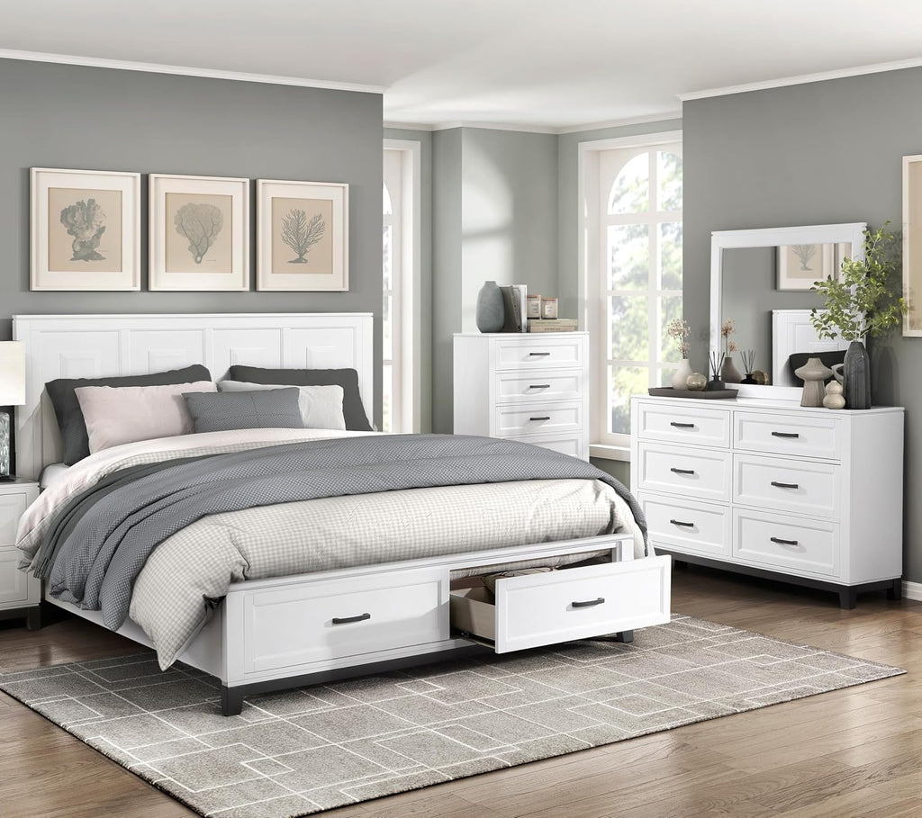 Transitional Bedroom King Size 4-Pieces Set Platform Bed Footboard Drawers White Finish Furniture