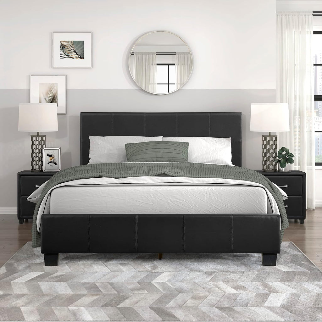 Lexicon Full Size Bed Frame with Headboard, Platform Bed Frame, Modern Faux Leather Upholstered Bed Frame, No Box Spring Required, Easy Assembly, Full, Black