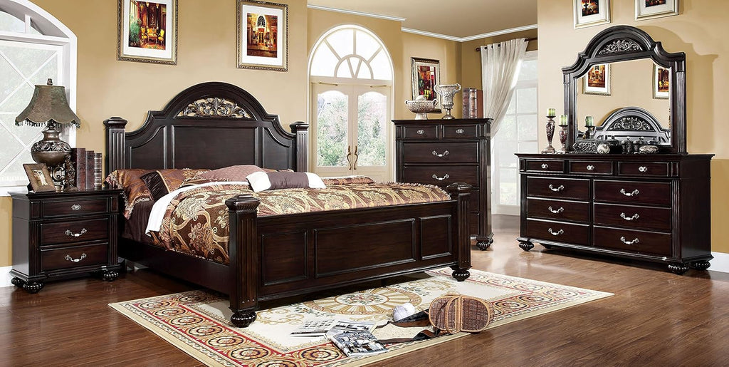 Furniture of America Malierd Transitional Fluted Poster Bed, Queen, Dark Walnut