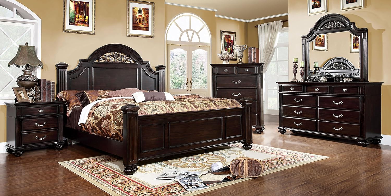 Furniture of America Malierd Transitional Fluted Poster Bed, Queen, Dark Walnut