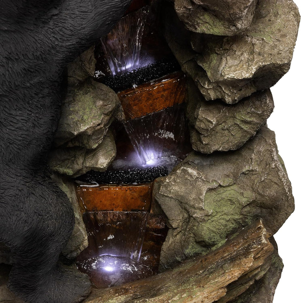 Alpine Corporation 36' Tall Indoor/Outdoor 2 Bears Climbing Rainforest Water Fountain with LED Lights, Cascading Wildlife Water Feature for Garden, Patio, and Home Decor, Brown