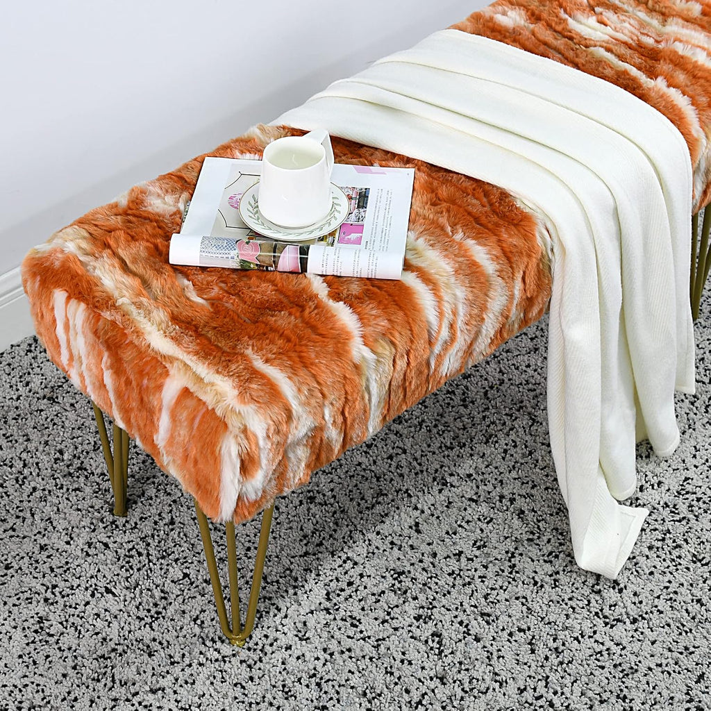 Burnt Orange Rectangle Long Bench Soft Faux Fur Ottoman 46'x16'x22' Sturdy Accent Furry Footrest Stool for Bedroom at The End of Bed Coffee Table for Living Room Closet Entryway Golden Legs