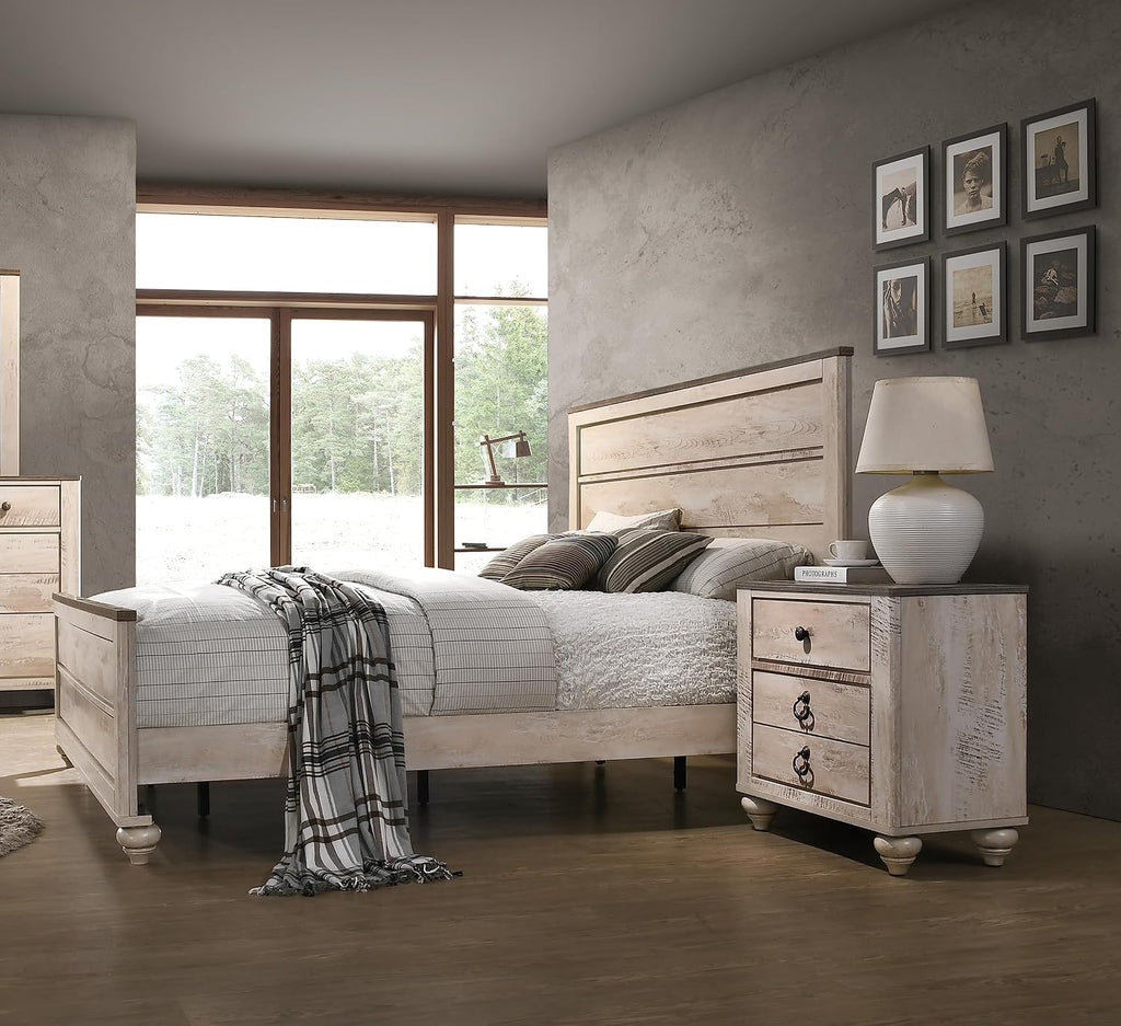 3-Piece King Bedroom Set: Contemporary White Wash Finish - Walnut Brown Wood Frame & Nightstands - Urban Chic Style for Modern Bedrooms