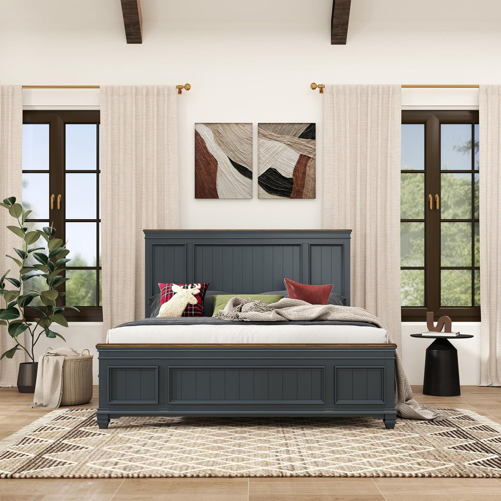 Roundhill Furniture Riverton Shiplap Wood Panel Bed, Slate Blue