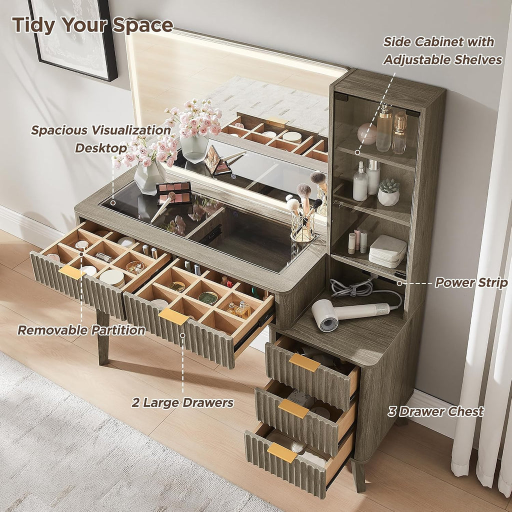 T4TREAM 48' Fluted Makeup Vanity Desk with Large 36' Mirror and Lights, Modern Glass Top Big Vanity Table w/5 Drawers & Adjustable Shelves, Dressing Table w/Charging Station for Bedroom, Brown Alder