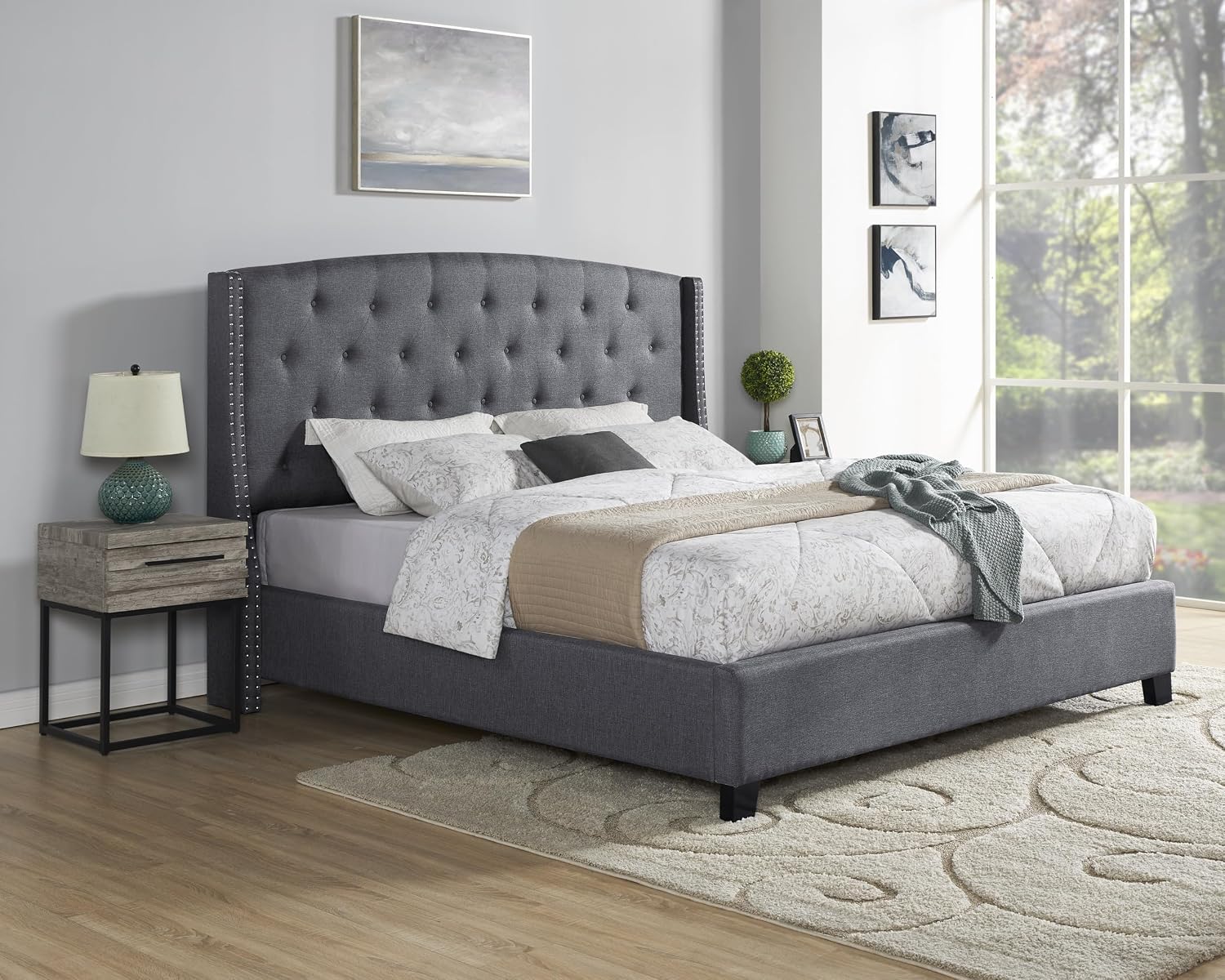 Roundhill Furniture Belize 3-Piece Upholstered Bedroom Set, Tufted Wingback Bed with Two Gray Nightstands, Queen