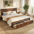 King Bed Frame with 46' Tall Headboard, Farmhouse Solid Wood King Size Platform Bed with 2 Storage Drawers,LED Lights & USB Charging Station,No Box Spring Needed, Walnut
