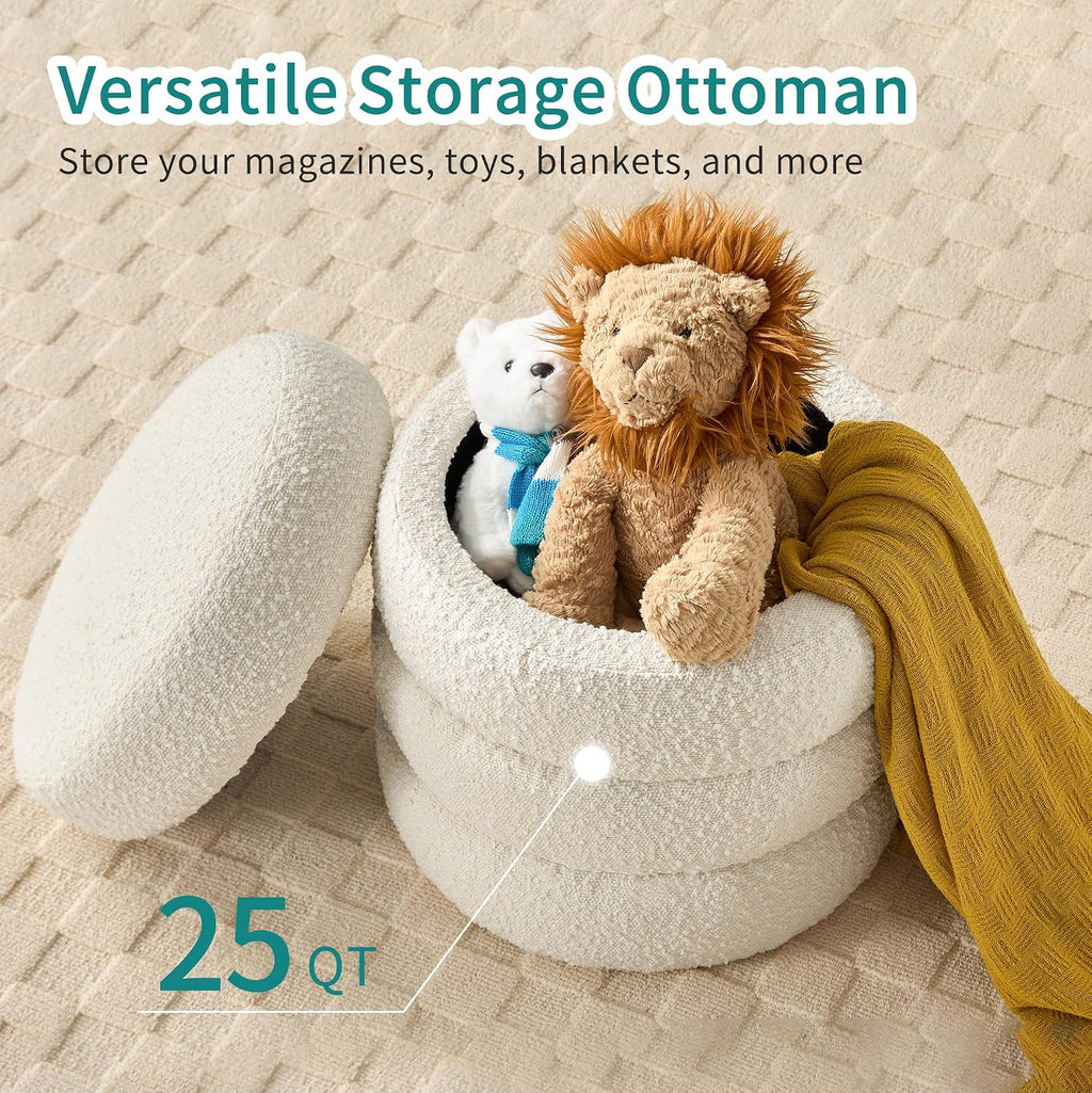 Busaurus Round Ottoman with Storage for Living Room Small Boucle Foot Stool Modern Upholstered Vanity Stool Ottoman Foot Rest for Dorm Corner Home Decor, Set of 1 (White)