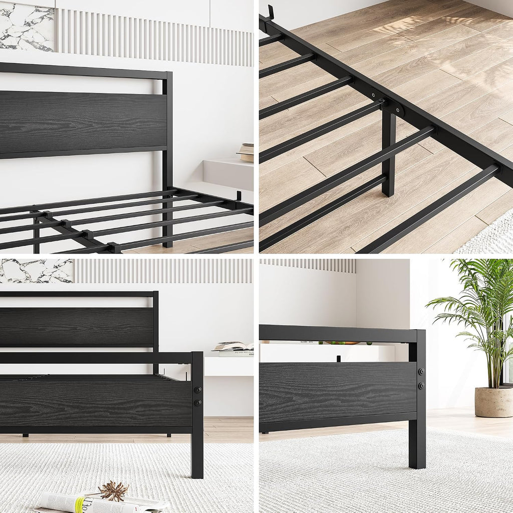BOFENG Black Queen Size Bed Frames with Wood Headboard,Heavy Duty Metal Platform Bed Frame with Storage No Box Spring Needed,Strong Steel Slats Support,Noise Free