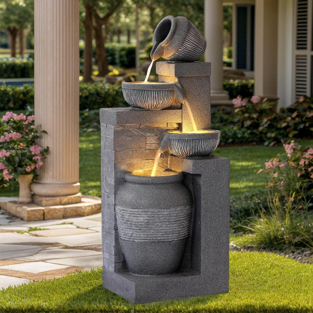 Grepatio Outdoor 4-Tiers Water Fountain, Garden Cascading Waterfalls Fountain with LED Lights, 32' H Modern Indoor/Outdoor Bowl Waterfall Feature Water Fountains for Garden, Patio, Yard Decor (Grey)