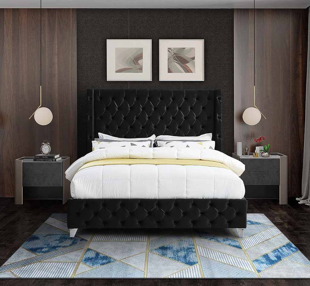Meridian Furniture SavanBlack-F Savan Collection Modern | Contemporary Velvet Upholstered Bed with Deep Button Tufting in Gold or Chrome Finish, 66' W x 81' D x 56' H, Black, Full