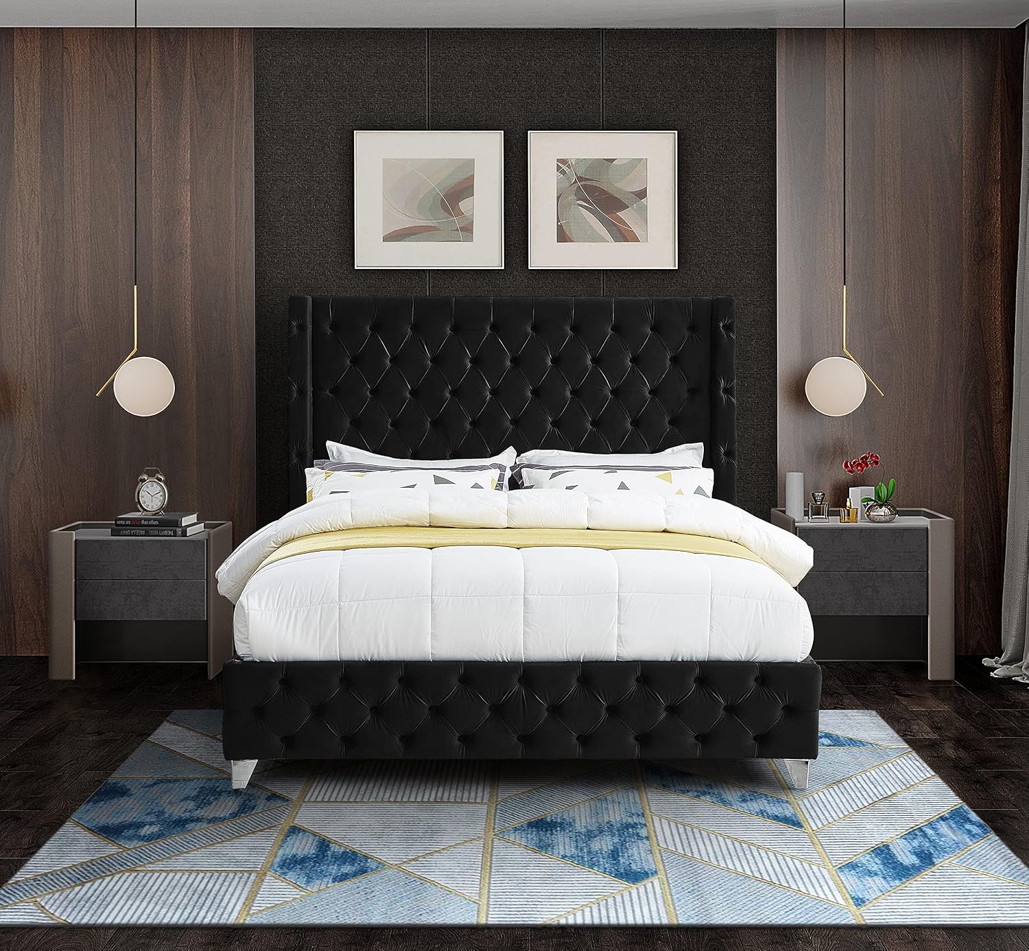 Meridian Furniture SavanBlack-F Savan Collection Modern | Contemporary Velvet Upholstered Bed with Deep Button Tufting in Gold or Chrome Finish, 66' W x 81' D x 56' H, Black, Full