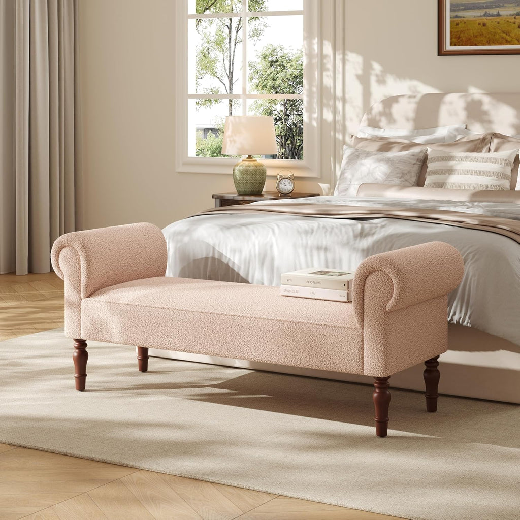 Merax 59' Upholstered Teddy Bench with Rolled Arms, End of Bed Bench with Cushion & Solid Wood Legs for Bedroom, Living Room, Entryway, Light Khaki