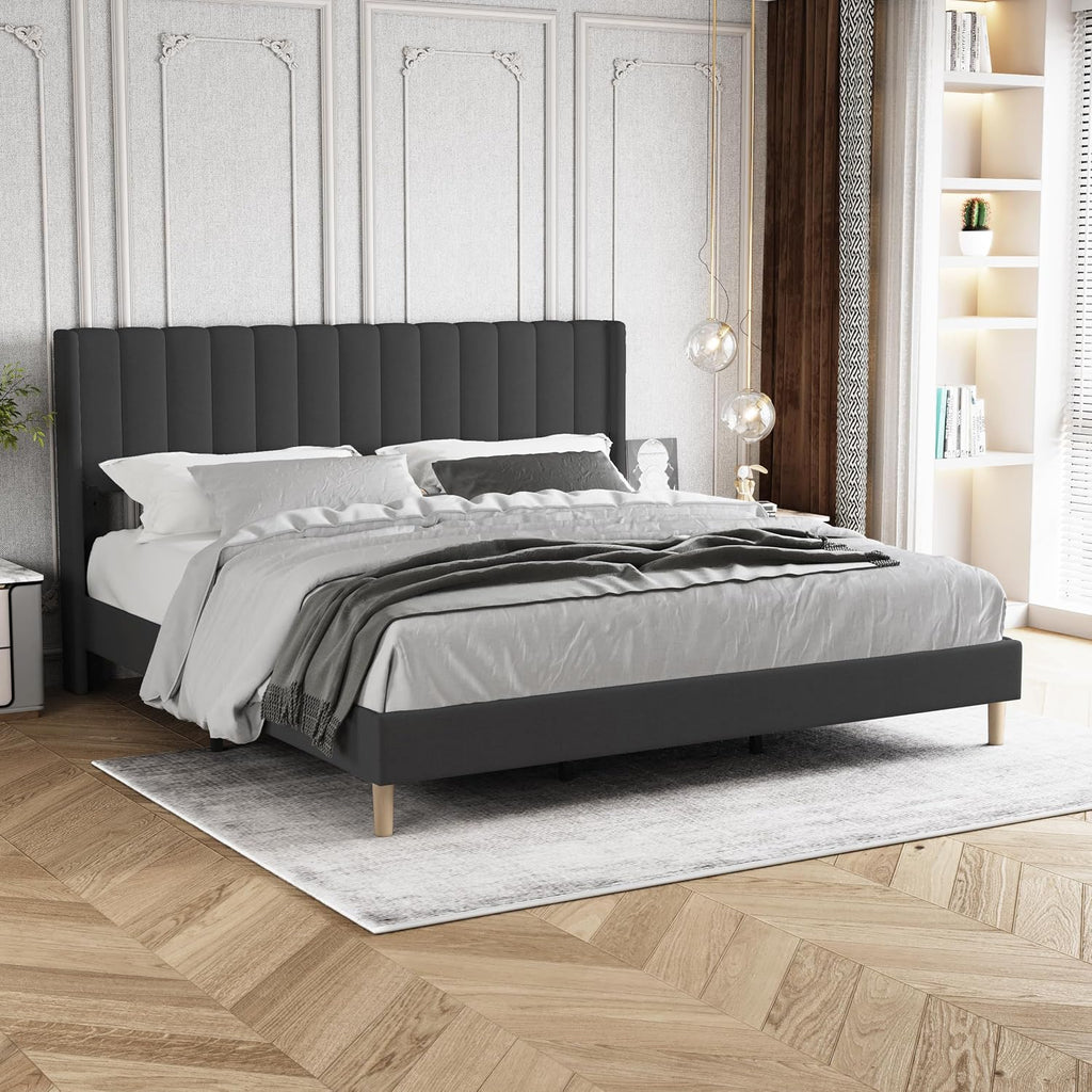 King Size Bed Frame with Headboard, Modern Upholstered Linen Platform Bed, Heavy Duty Wooden Slats Support, No Box Spring Needed, Noise-Free & Easy Assembly, Black