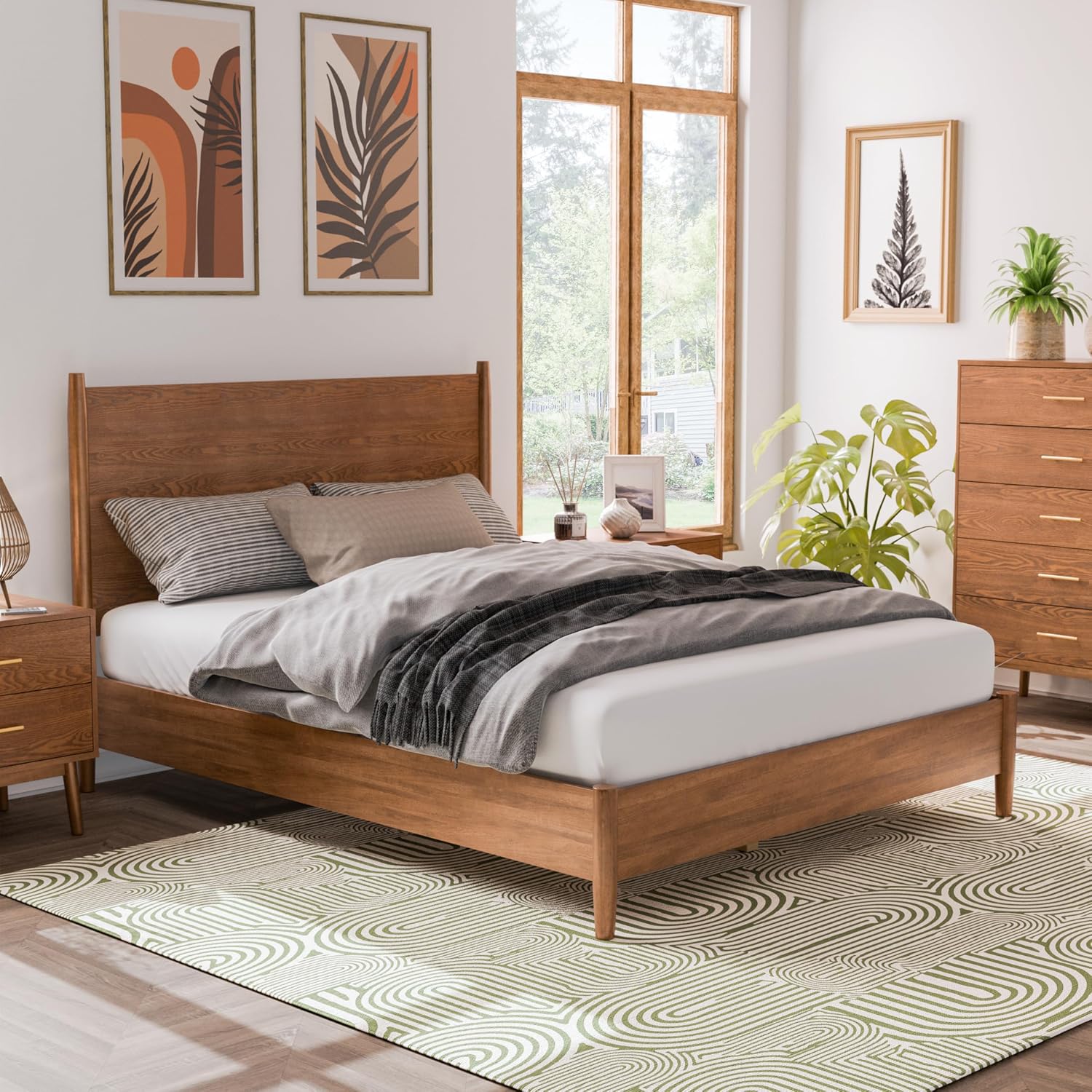 Furniture of America Wyatt Modern Solid Wood King Bed Frame with Headboard, Wooden Bedframe for Bedroom, Guest Room, No Box Spring Needed, Walnut, Standard Platform
