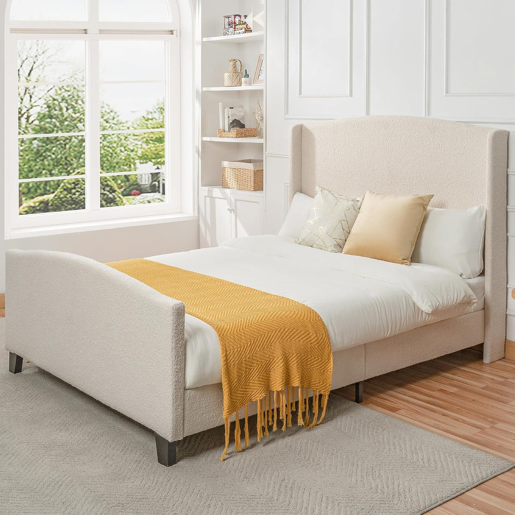 KEIKI Queen Size Velvet Upholstered Platform Bed, Metal Bed Frame w/Tall Wingback Headboard, Modern Solid Bedframe Queen-Size, Wood Slat Support, No Box Spring Needed, Easy Assembly, Ivory