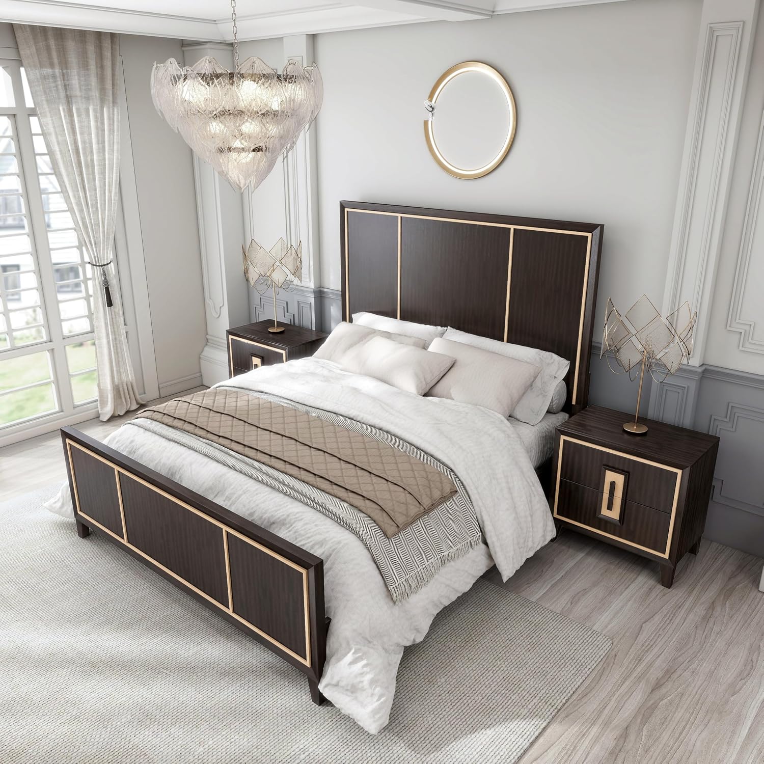 Furniture of America Samuel Modern Solid Wood 3-Piece Bedroom Collection Bed Frame and 2-Drawer Nightstands Set of 2, Box Spring Required, Espresso, Queen