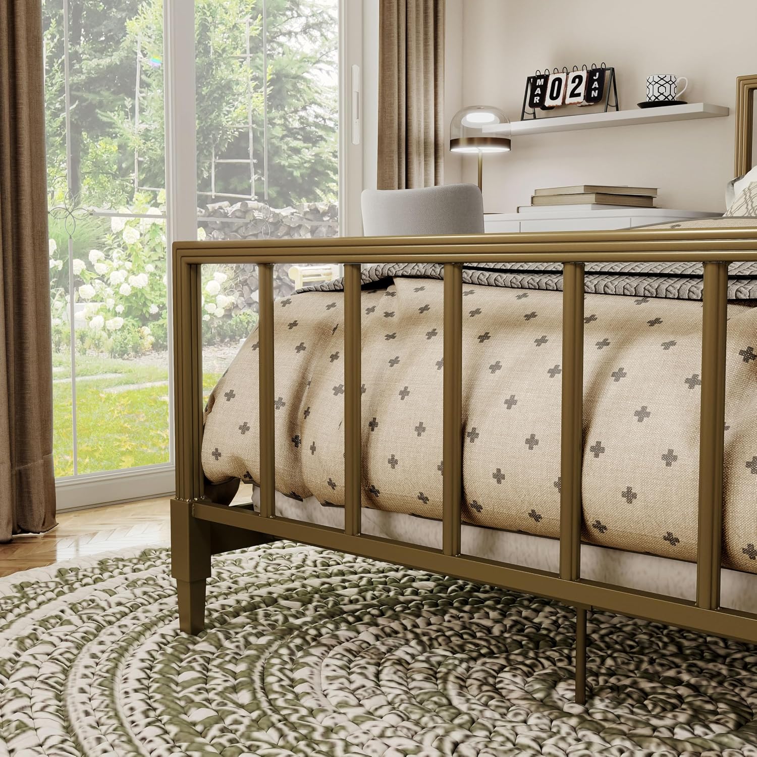 Furniture of America Blair Modern Metal Full Size Bed Frame with Subtle Reeded Lines, Sturdy Bedframe for Bedroom, Guest Room, Box Spring Required, Gold