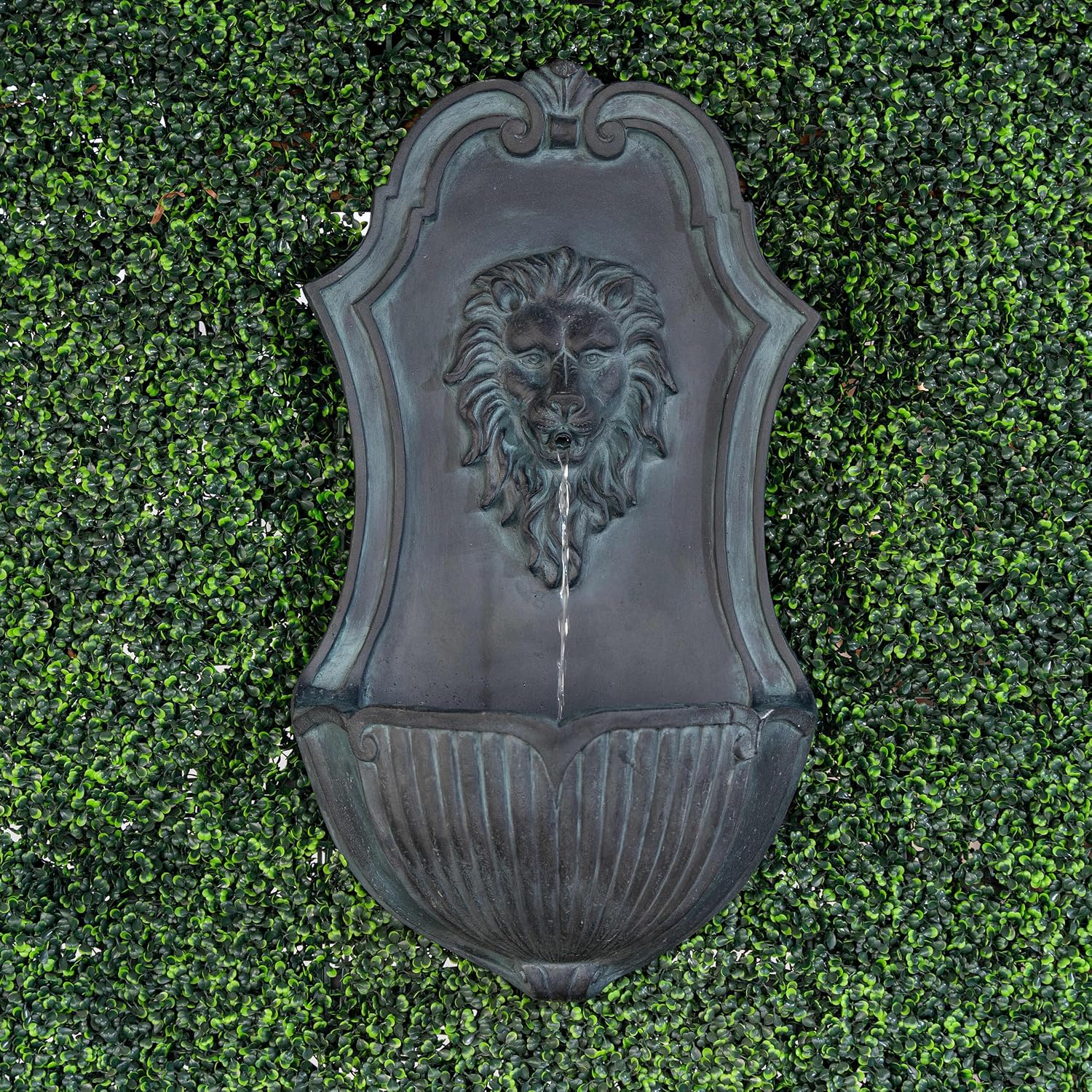 XBrand 29.9' Solar-Powered Wall-Mounted Lion Head Fountain, Resin, Outdoor, Gray