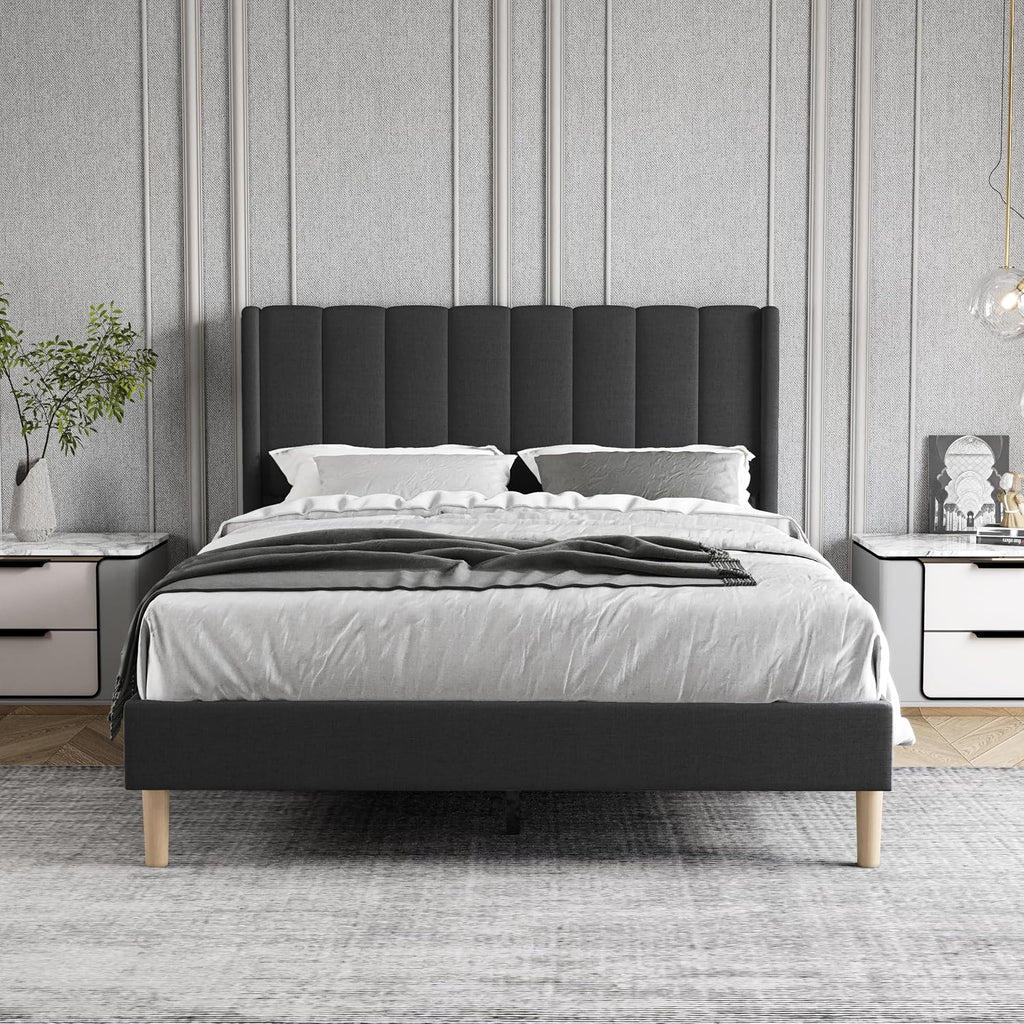 Full Size Bed Frame with Headboard, Modern Upholstered Linen Platform Bed, Heavy Duty Wooden Slats Support, No Box Spring Needed, Noise-Free & Easy Assembly, Black