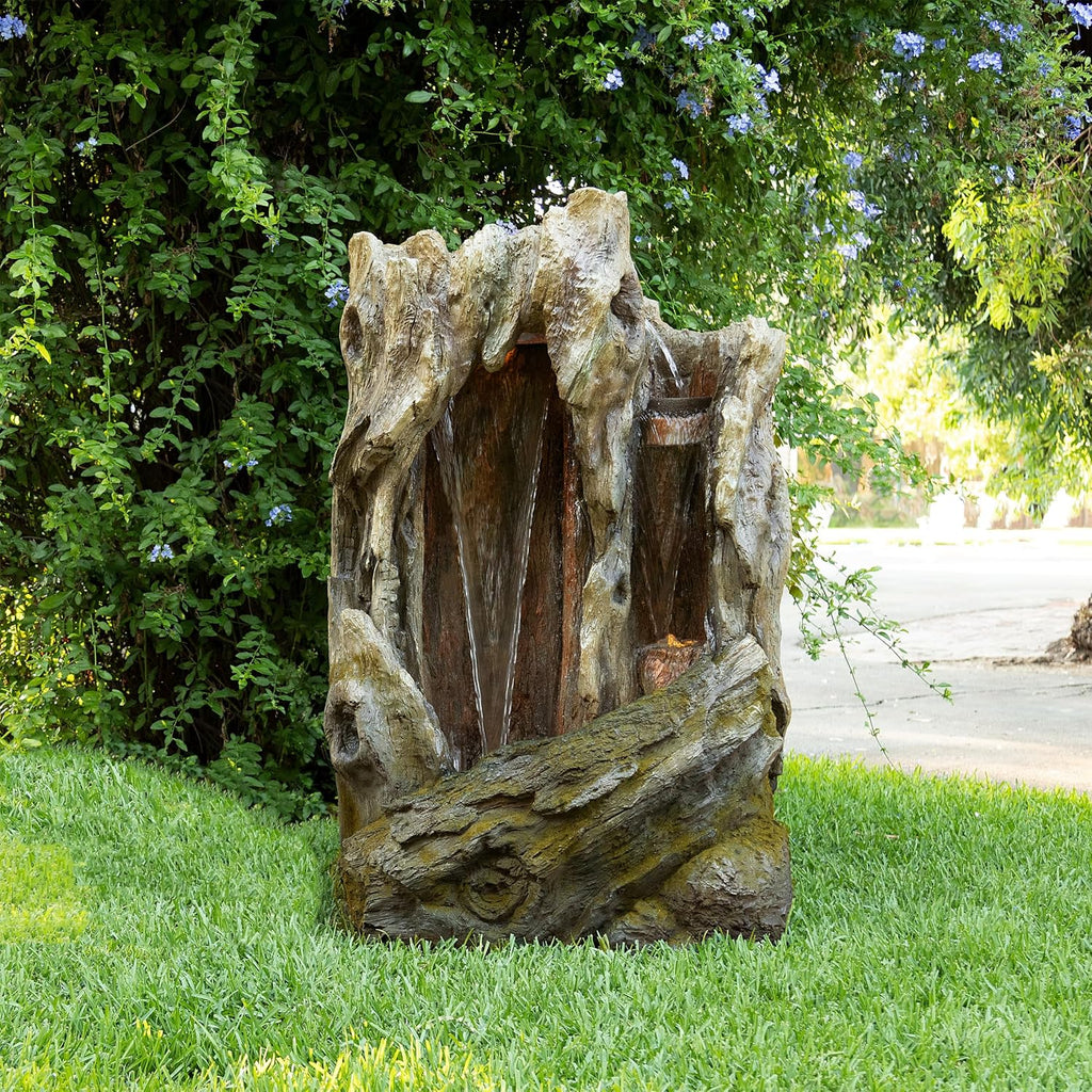 Alpine Corporation 62' Rustic Outdoor Tree Trunk Waterfall Fountain with LED Lights – Natural Wood-Look Water Feature for Gardens, Patios, Yards, and Landscaping Decor, Resin