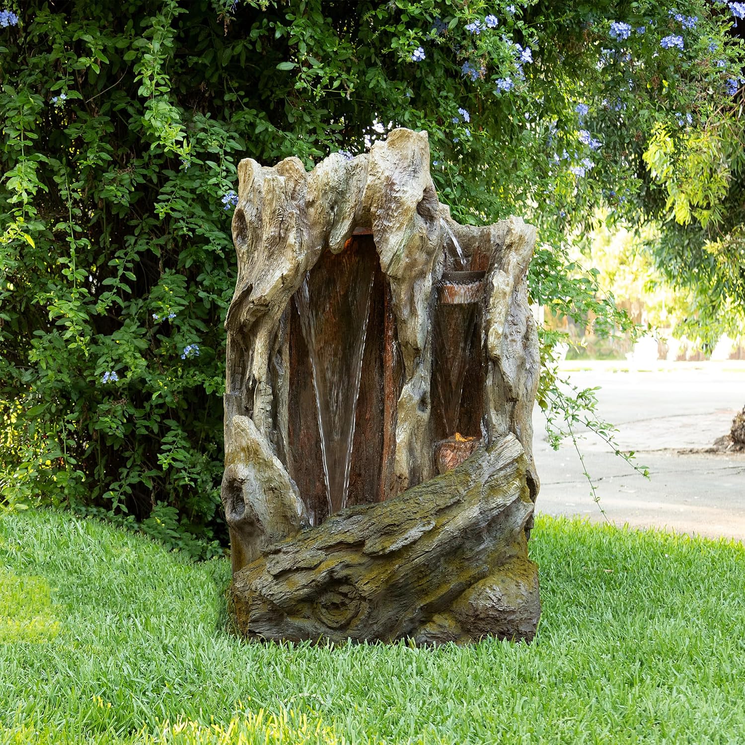 Alpine Corporation 62' Rustic Outdoor Tree Trunk Waterfall Fountain with LED Lights – Natural Wood-Look Water Feature for Gardens, Patios, Yards, and Landscaping Decor, Resin