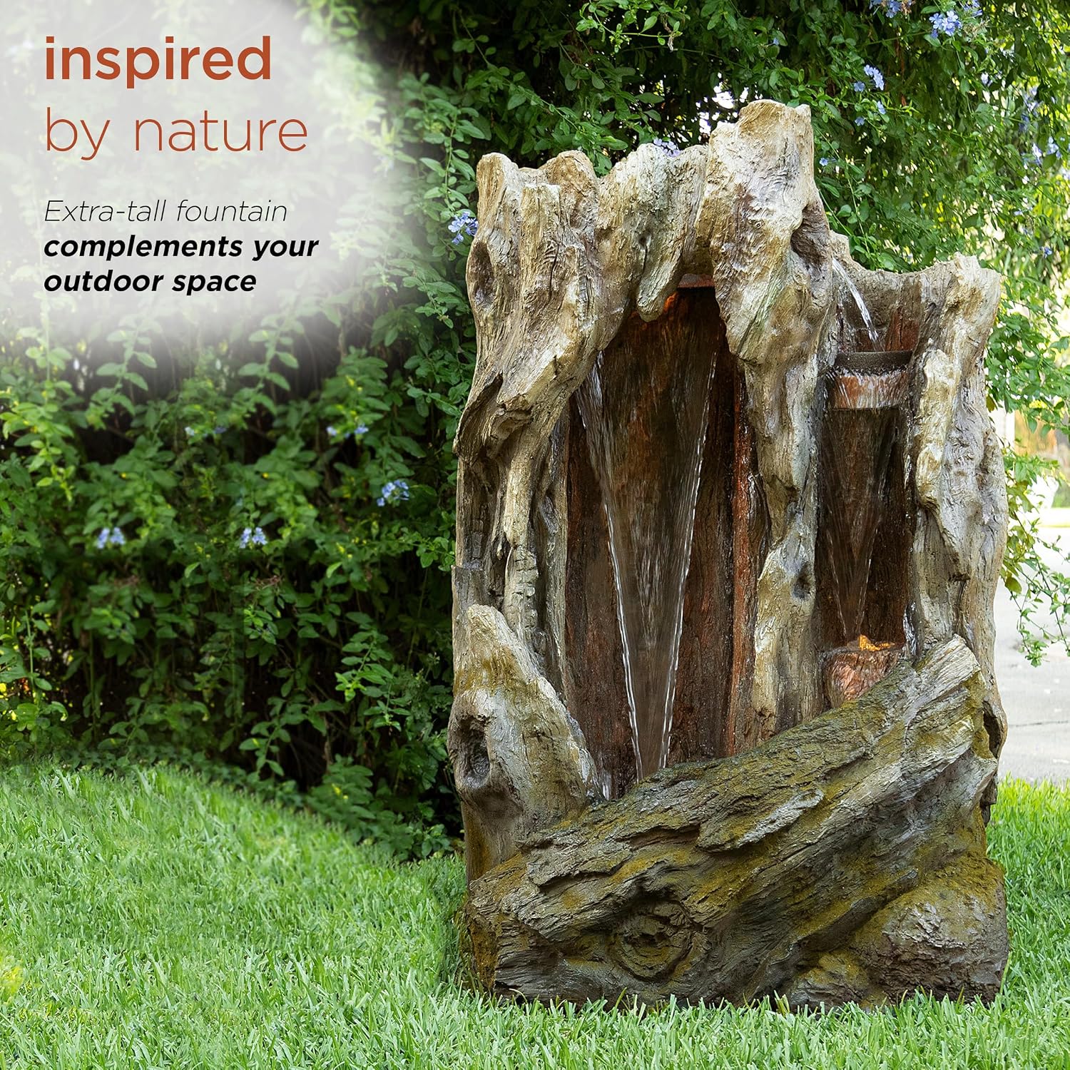 Alpine Corporation 62' Rustic Outdoor Tree Trunk Waterfall Fountain with LED Lights – Natural Wood-Look Water Feature for Gardens, Patios, Yards, and Landscaping Decor, Resin
