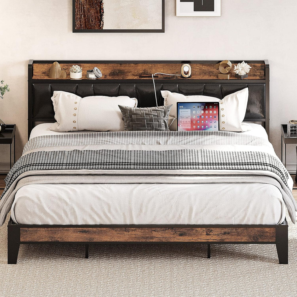 LIKIMIO King Bed Frame with Storage Headboard and Charging Station, Set of 2 Nightstands with Drawers, Shelves and Charging Stations, Vintage Brown