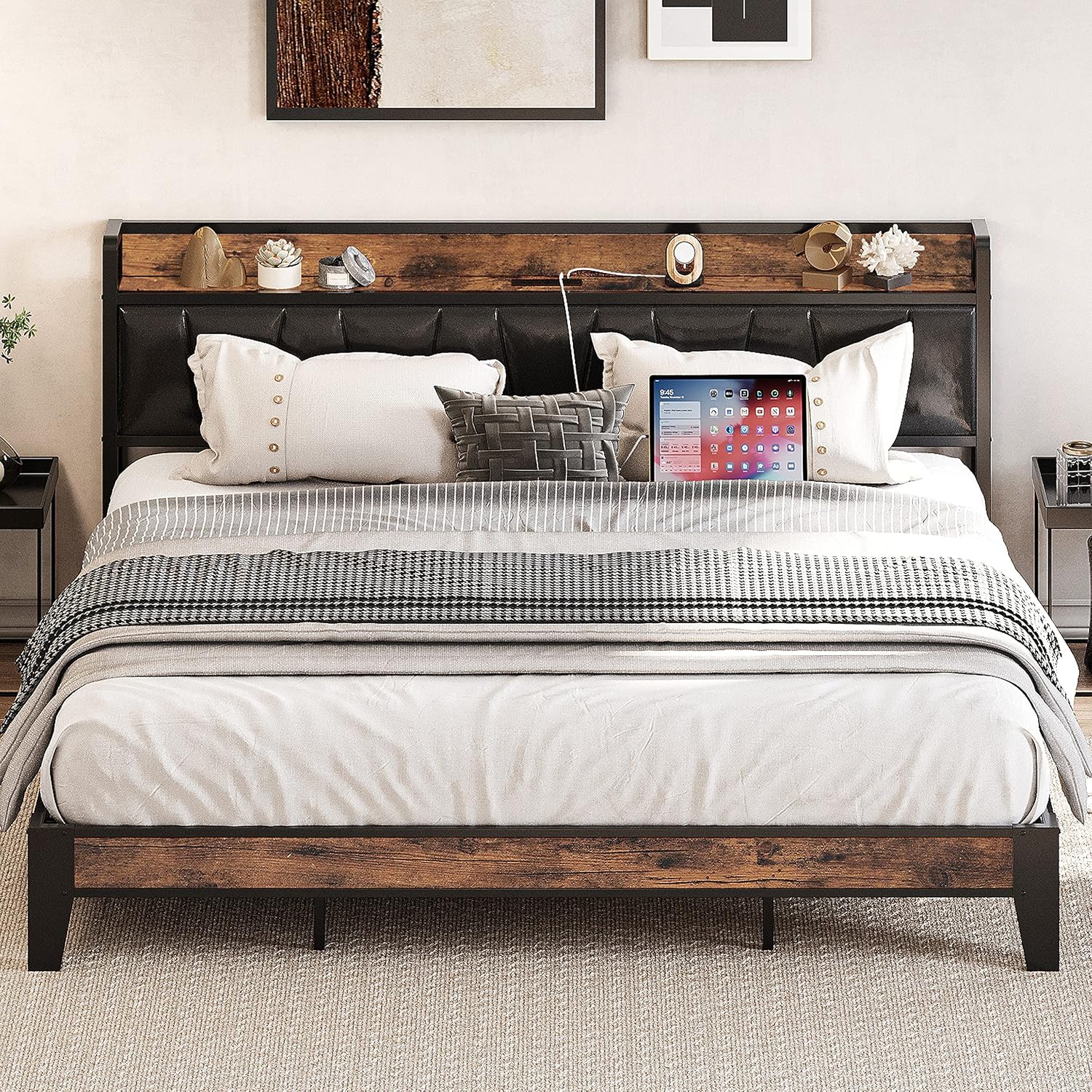 LIKIMIO King Bed Frame with Storage Headboard and Charging Station, Set of 2 Nightstands with Drawers, Shelves and Charging Stations, Vintage Brown