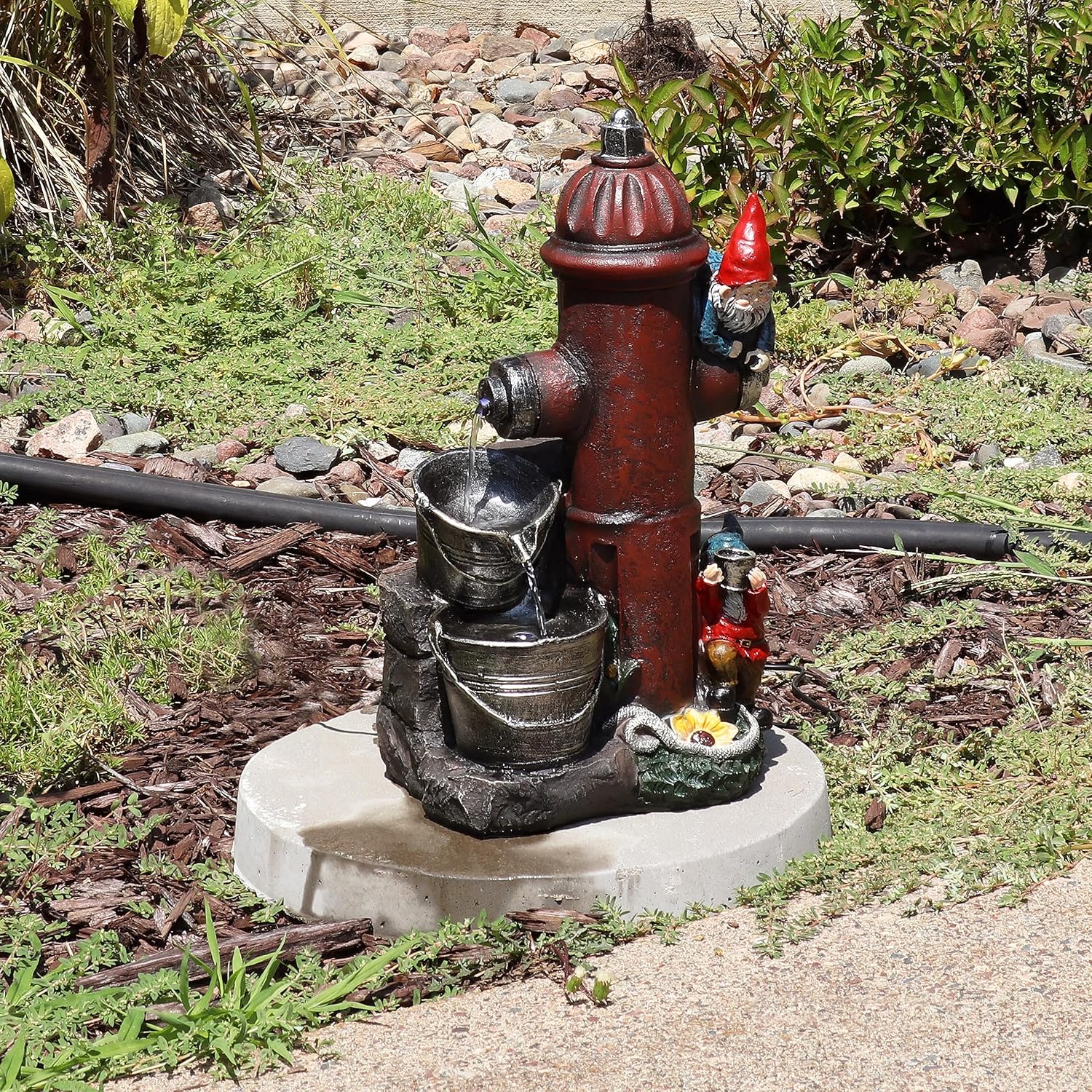 Sunnydaze Fire Hydrant Gnomes 16-Inch Outdoor Water Fountain with LED Light - Submersible Electric Pump - Polyresin