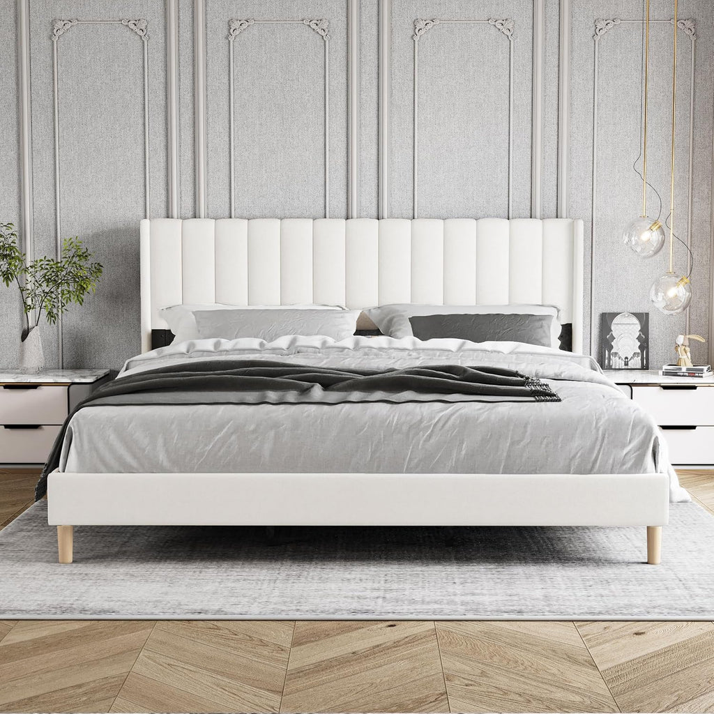 King Size Bed Frame with Headboard, Modern Upholstered Velvet Platform Bed, Heavy Duty Wooden Slats Support, No Box Spring Needed, Noise-Free & Easy Assembly, Beige