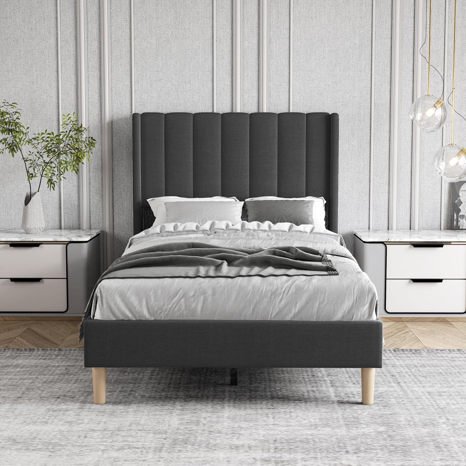 Twin Size Bed Frame with Headboard, Modern Upholstered Linen Platform Bed, Heavy Duty Wooden Slats Support, No Box Spring Needed, Noise-Free & Easy Assembly, Black