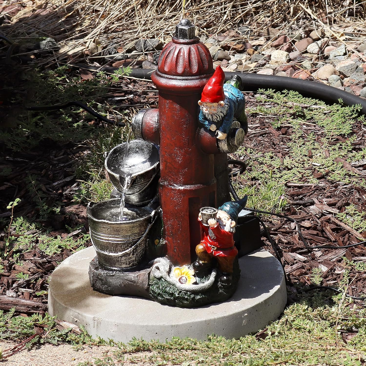 Sunnydaze Fire Hydrant Gnomes 16-Inch Outdoor Water Fountain with LED Light - Submersible Electric Pump - Polyresin