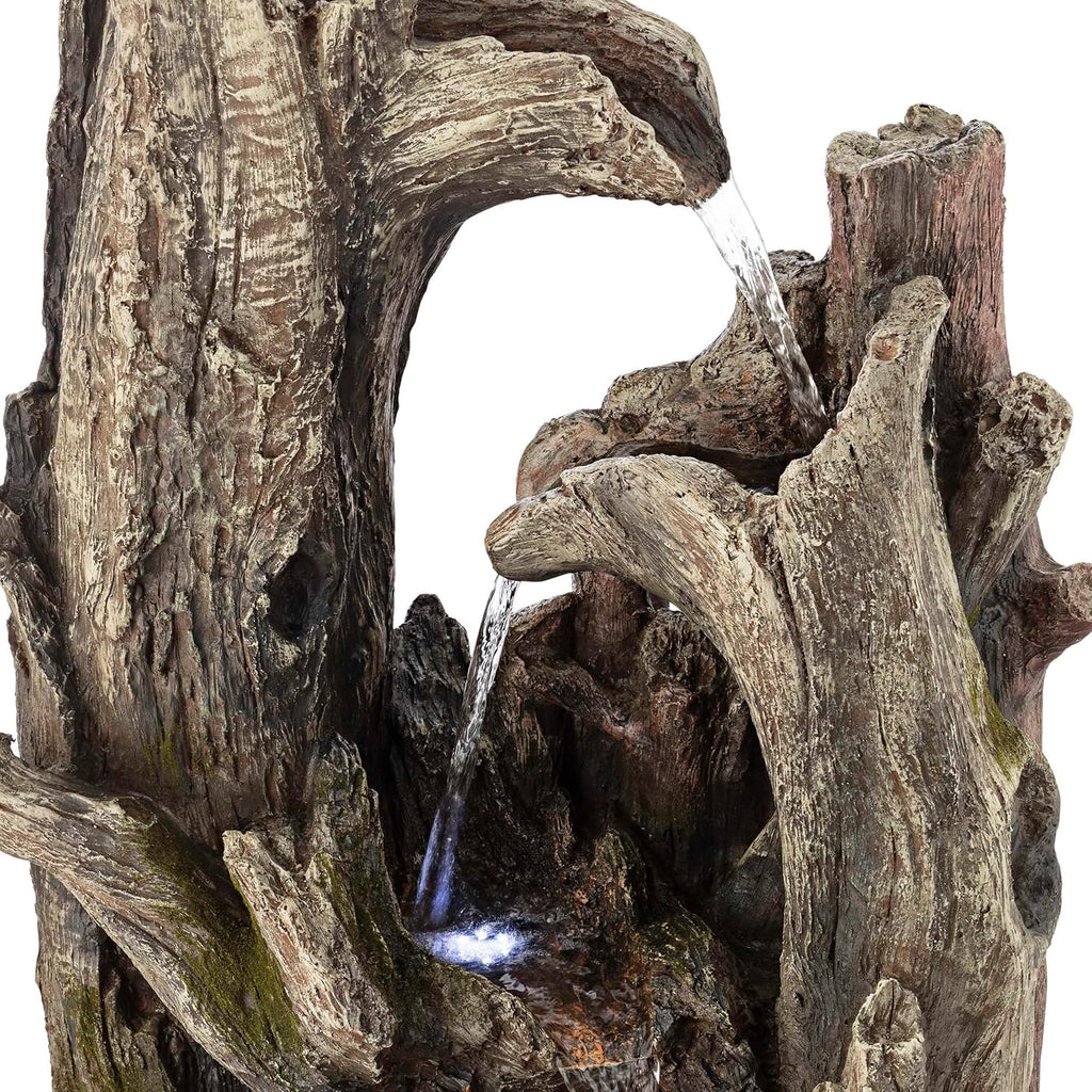 Alpine Corporation 40' Tall 4-Tier Rainforest Tree Trunk Waterfall Fountain with LED Lights, Outdoor Garden, Patio, Yard, and Porch Water Feature Decor