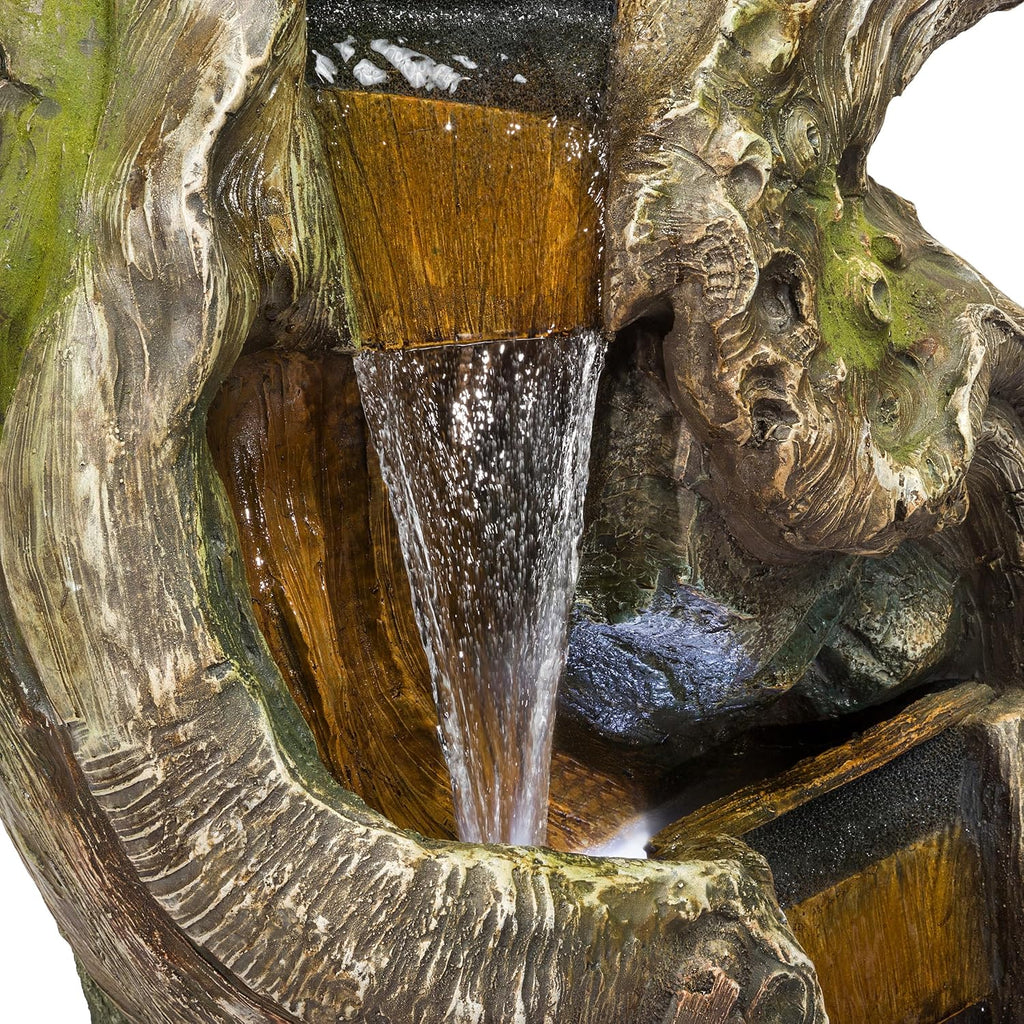 Alpine Corporation TVH156 79' Outdoor Floor Cascading Tree Trunk Water Fountain with LED Lights, Waterfall with Lights, Brown