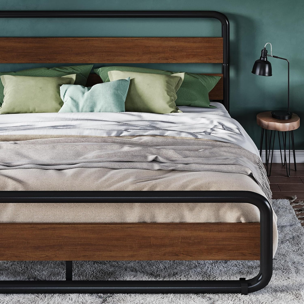 Allewie Queen Size Metal Bed Frame with Curved Wood Headboard and Footboard, Heavy Duty Platform Iron Bed with Under-Bed Storage, Noise Free, No Box Spring Needed, Easy Assembly, Walnut