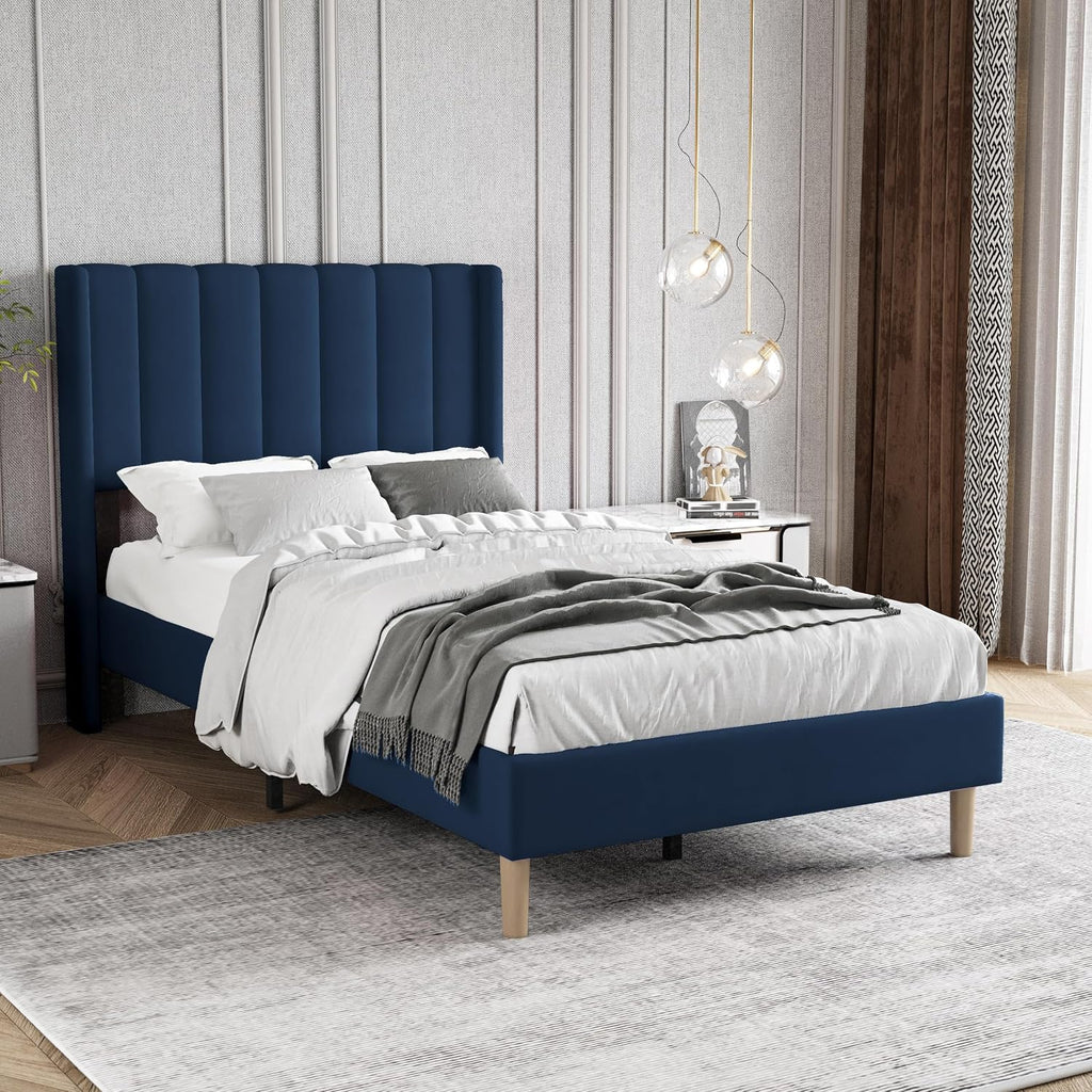 Twin Size Bed Frame with Headboard, Modern Upholstered Velvet Platform Bed, Heavy Duty Wooden Slats Support, No Box Spring Needed, Noise-Free & Easy Assembly, Blue