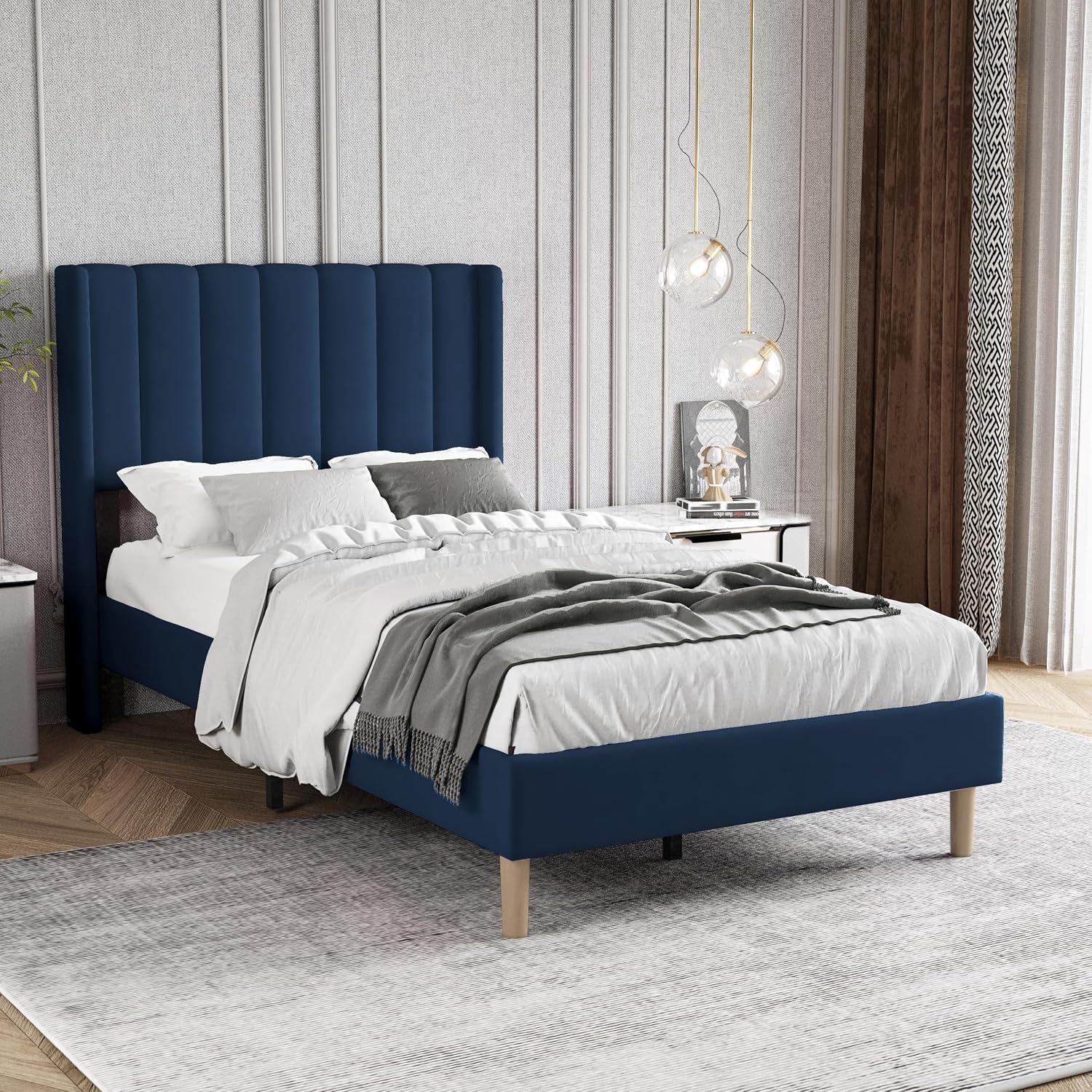Twin Size Bed Frame with Headboard, Modern Upholstered Velvet Platform Bed, Heavy Duty Wooden Slats Support, No Box Spring Needed, Noise-Free & Easy Assembly, Blue