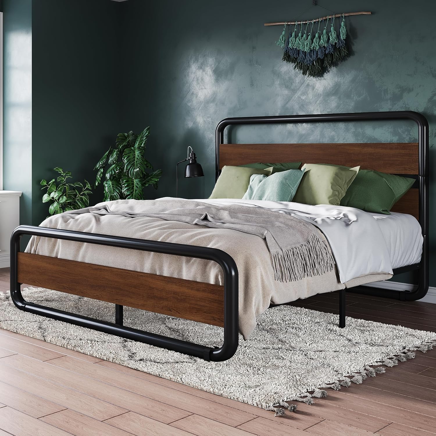 Allewie Queen Size Metal Bed Frame with Curved Wood Headboard and Footboard, Heavy Duty Platform Iron Bed with Under-Bed Storage, Noise Free, No Box Spring Needed, Easy Assembly, Walnut